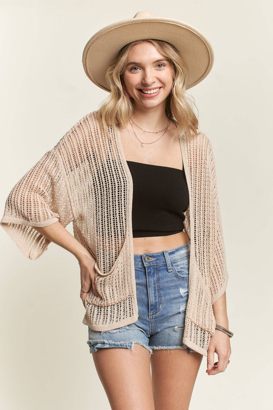 LEJ2144 - FISHNET KNIT SHORT SLEEVE CARDIGAN: Natural / S