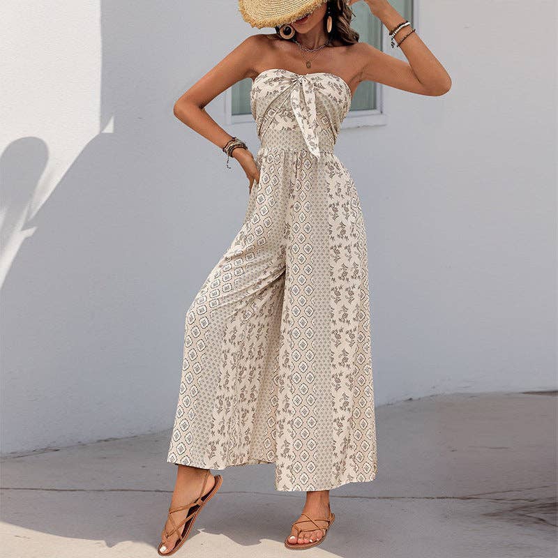 Strapless Smocked Romper Tube Top Flare Trousers Jumpsuit: Black / 100%Viscose / L