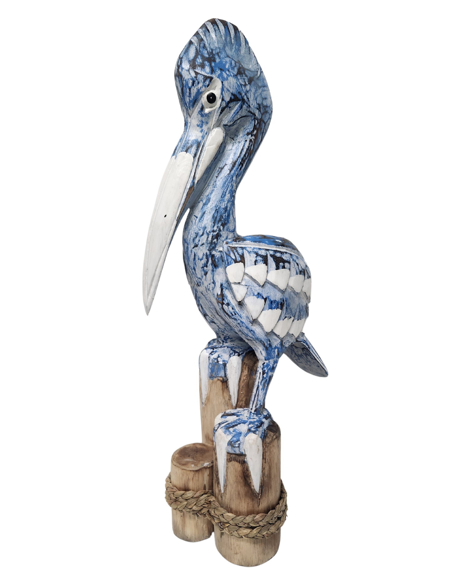 25" Tall Three Post Hand Carved Nautical Wood Pelican Statue: Teal