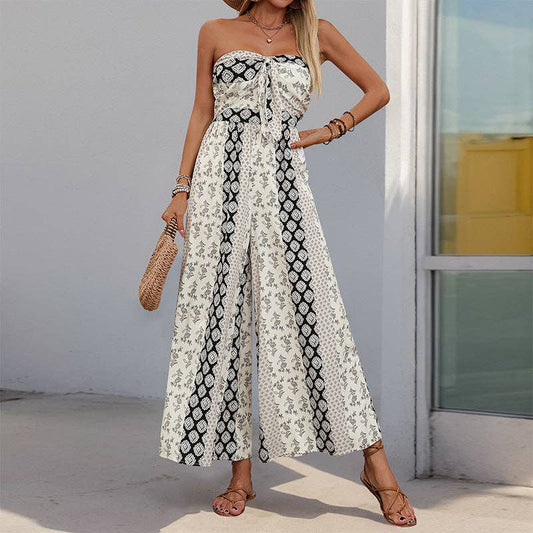 Strapless Smocked Romper Tube Top Flare Trousers Jumpsuit: Black / 100%Viscose / XL