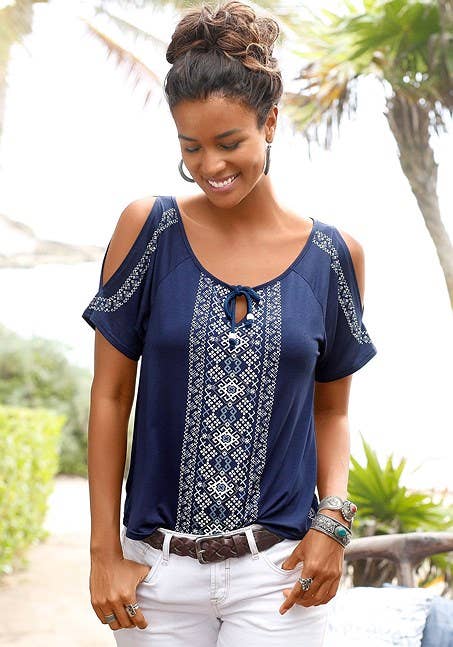LASCANA Women's Cold Shoulder Print Top: White & Red / 12/14