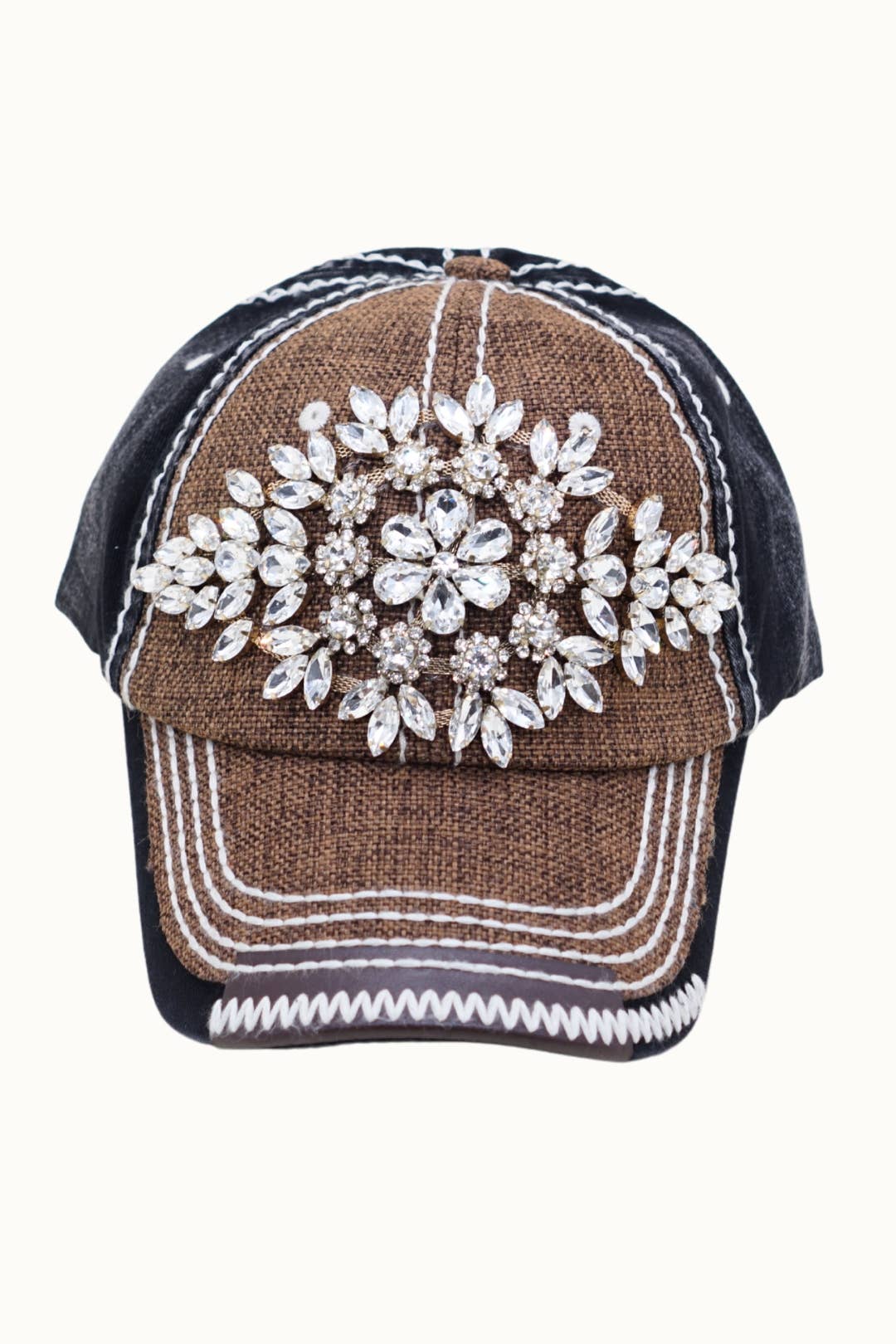 Diamond Bejeweled Bling Glitz Textured Cap, Adjustable: Natural