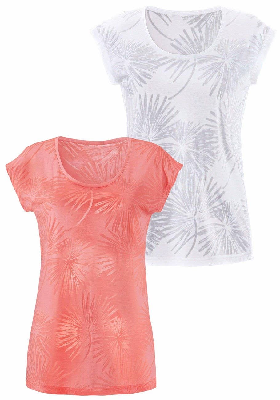 LASCANA Women's 2 Pk Palm Tree Print Tops: Apricot & White / 8/10