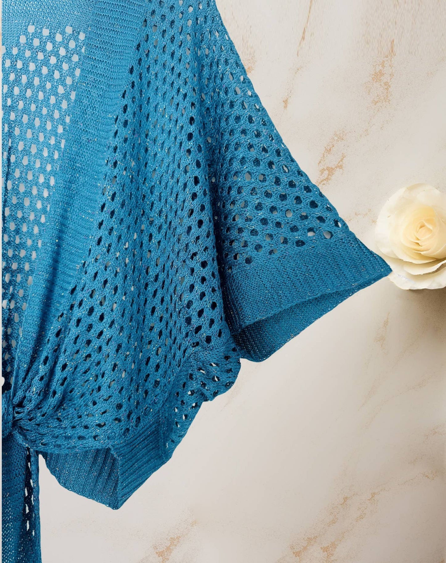 JC063344 Eyelet Open-Knit Metallic Cardigan with Front Tie: Mocha