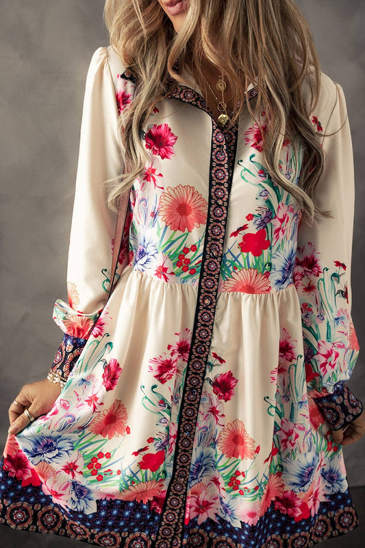 LDC Floral Print Buttoned High Waist Shirt Mini Dress: Apricot / L
