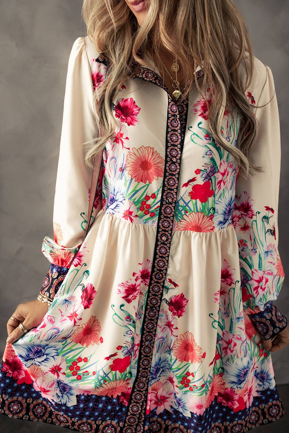 LDC Floral Print Buttoned High Waist Shirt Mini Dress: Apricot / M