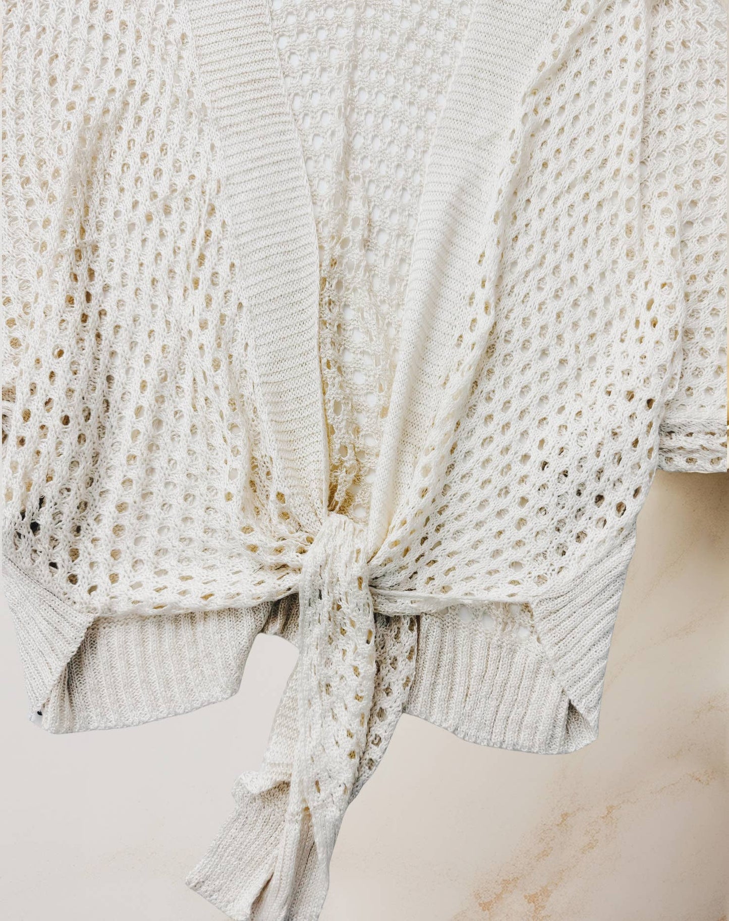 JC063344 Eyelet Open-Knit Metallic Cardigan with Front Tie: Black