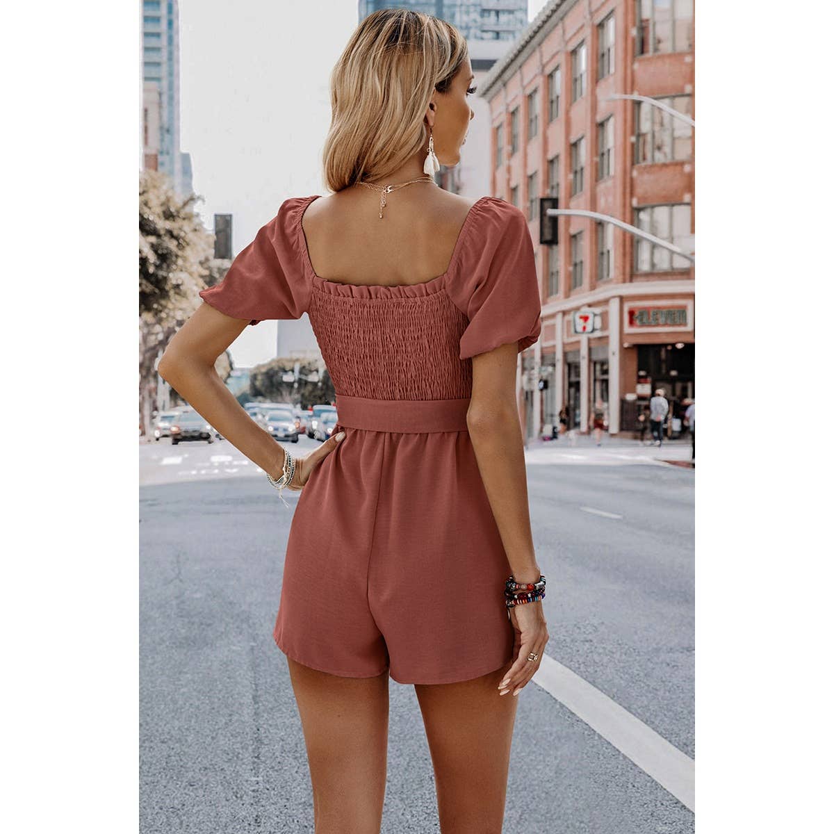 Solid Smocked Square Neck Waist Tie Romper: GREY BLUE / S