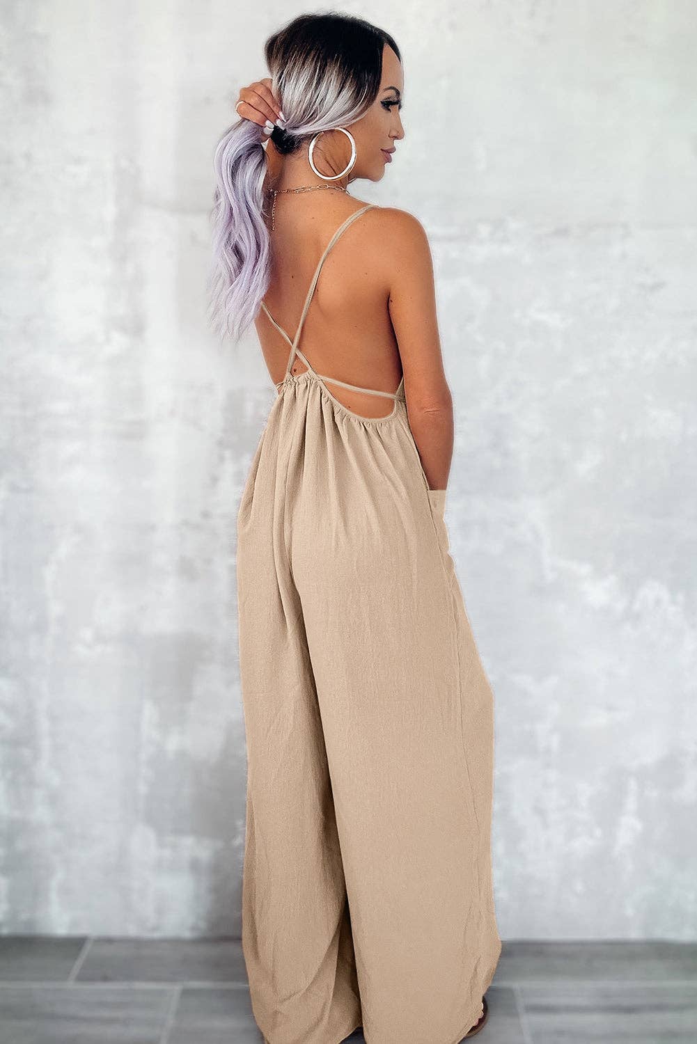 Apricot Spaghetti Straps Waist Tie Wide Leg Jumpsuit with Pockets: Apricot / 100%Polyester / M