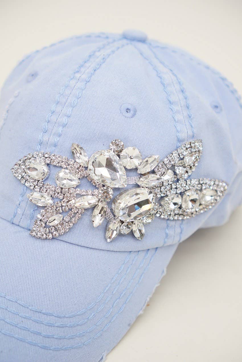 Floral Bejeweled Bling Glitz Cap, Adjustable: Black