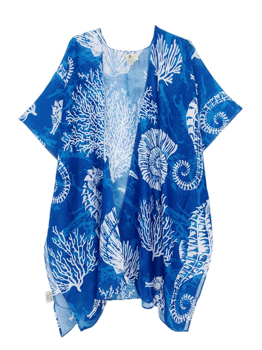 2 Colors--JC062730 Seahorse Shell & Coral Kimono: Blue