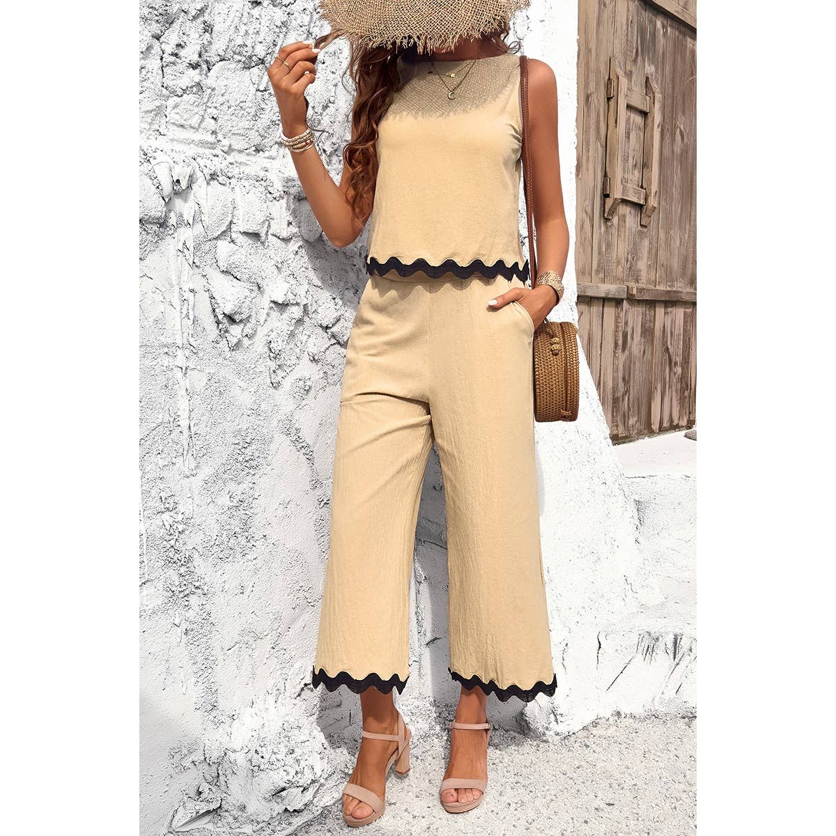 Two Pieces Printed Sleeveless Pockets Sets: BEIGE / S
