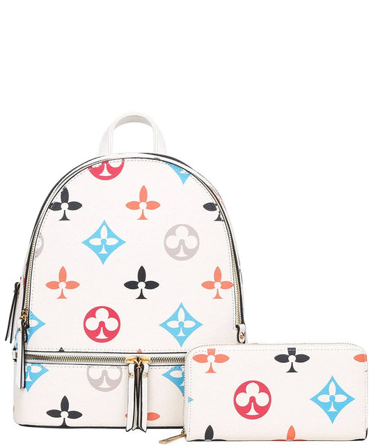 2in1 Print Zipper Backpack With wallet Set DH-7285-W : White