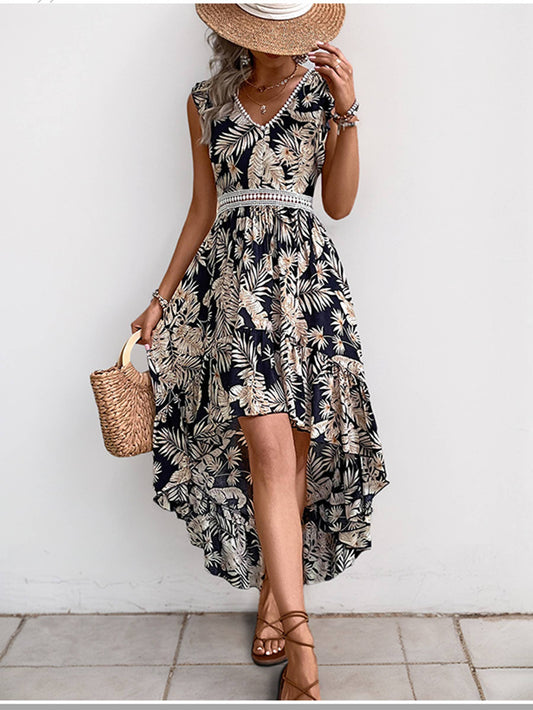 V-neck Printed Irregular Dress: Blue / S