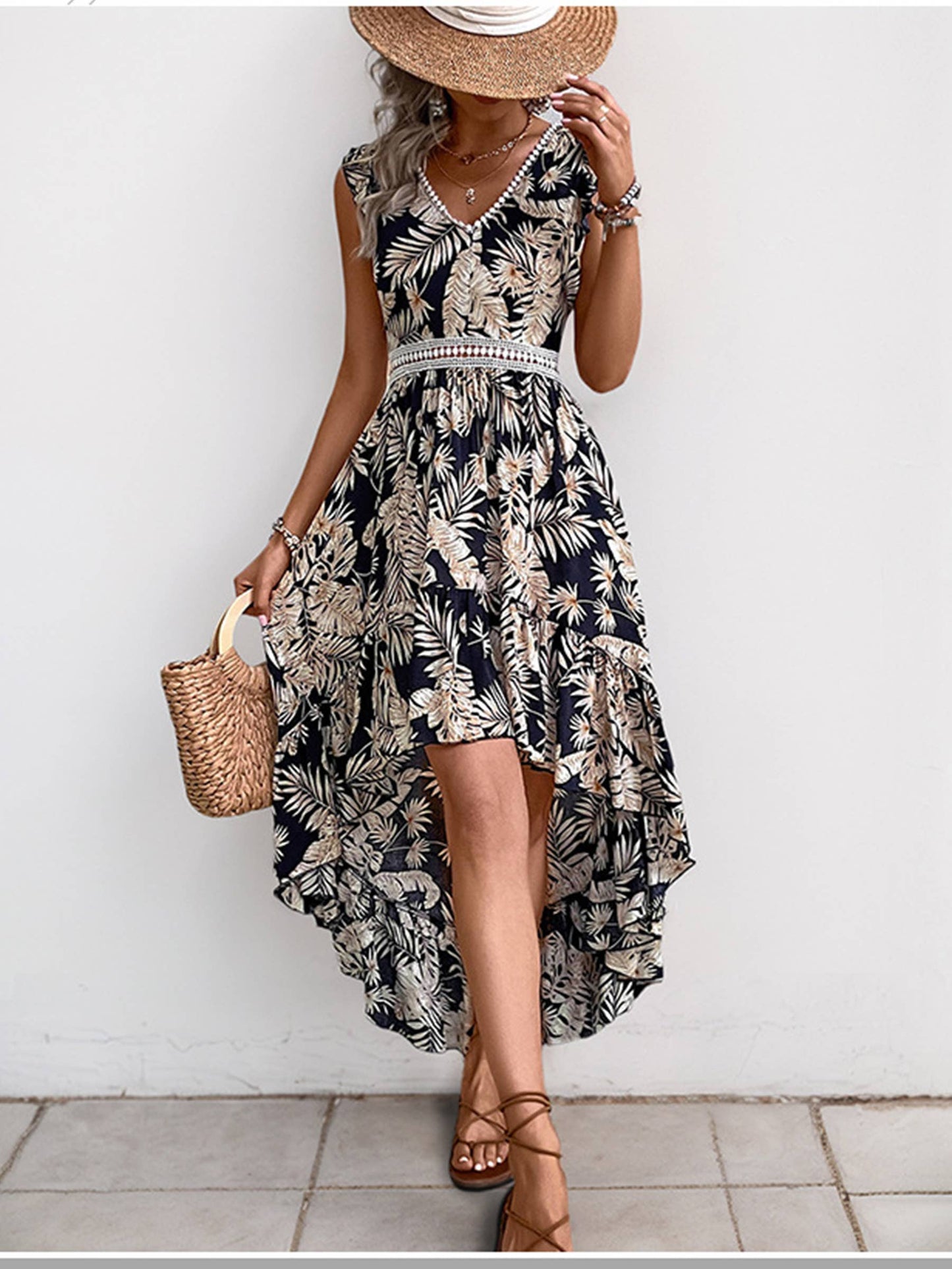 V-neck Printed Irregular Dress: Blue / M