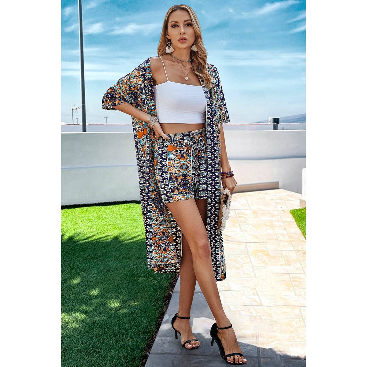 Allover Print Drop Shoulder Kimono And Shorts: NAVY / S