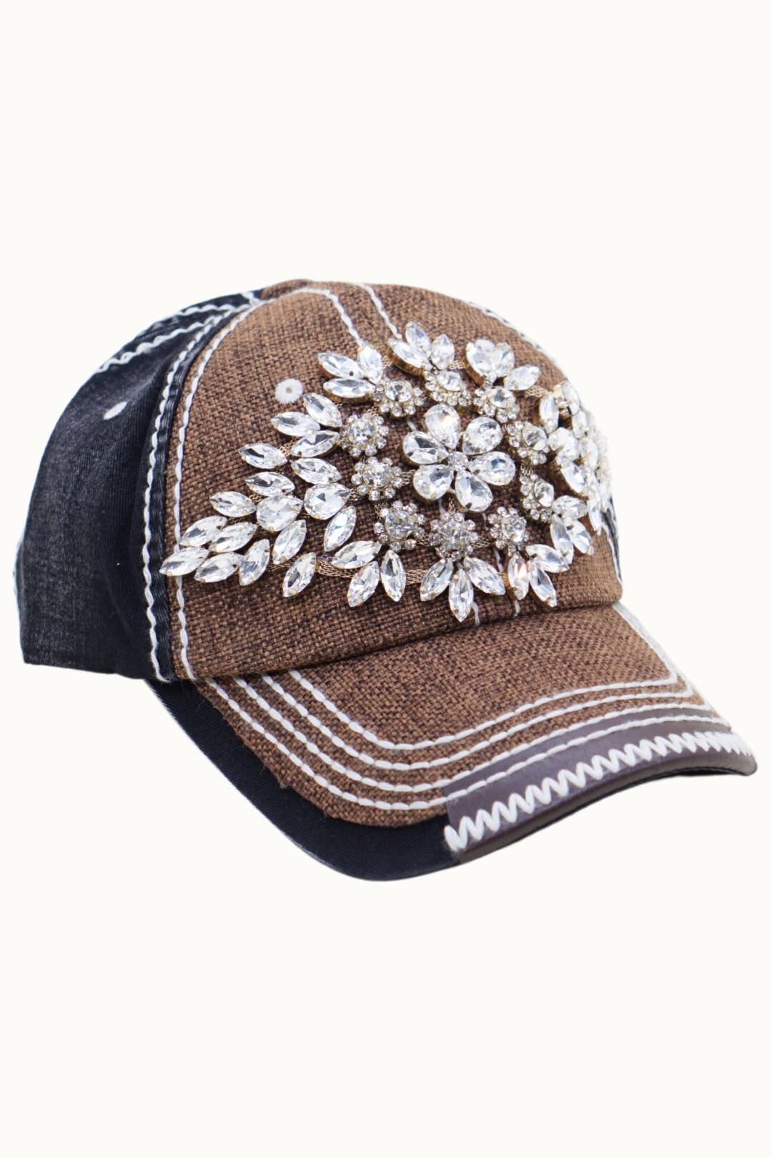 Diamond Bejeweled Bling Glitz Textured Cap, Adjustable: Natural