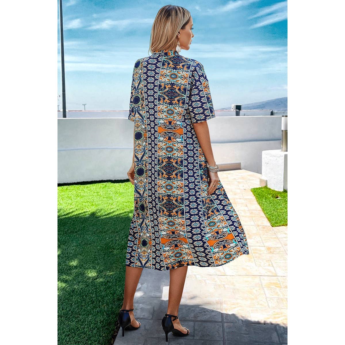 Allover Print Drop Shoulder Kimono And Shorts: NAVY / S