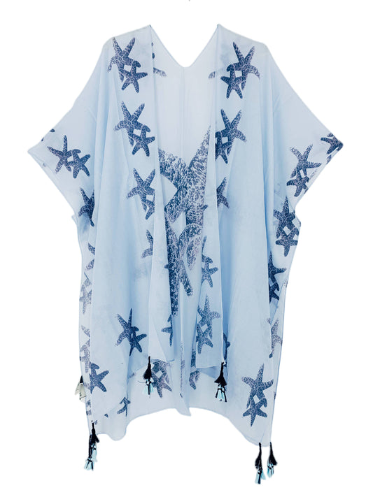 Blue Starfish Tassels Trim Kimono