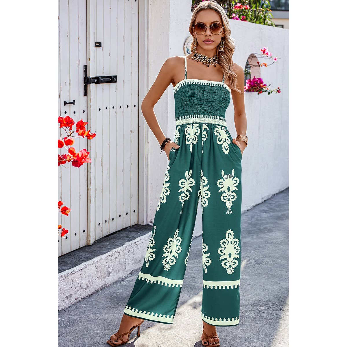 Geo Print Off Shoulder High Waist Fit Jumpsuit: Khaki / L