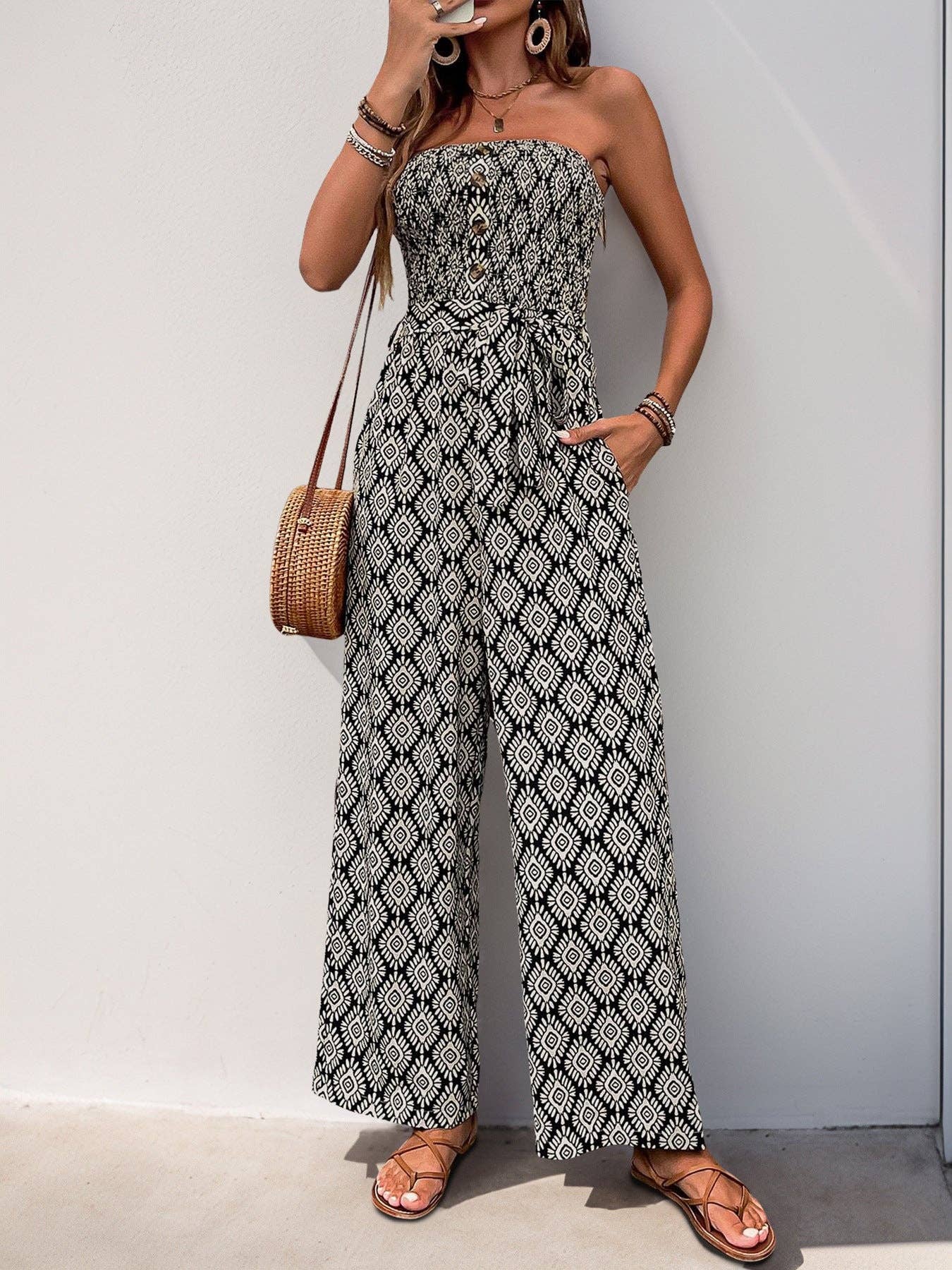 Women's Bohemian Print Smocked Strapless Jumpsuit: Black / 100%Polyester / S