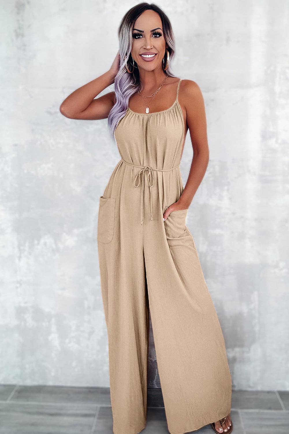 Apricot Spaghetti Straps Waist Tie Wide Leg Jumpsuit with Pockets: Apricot / 100%Polyester / XL
