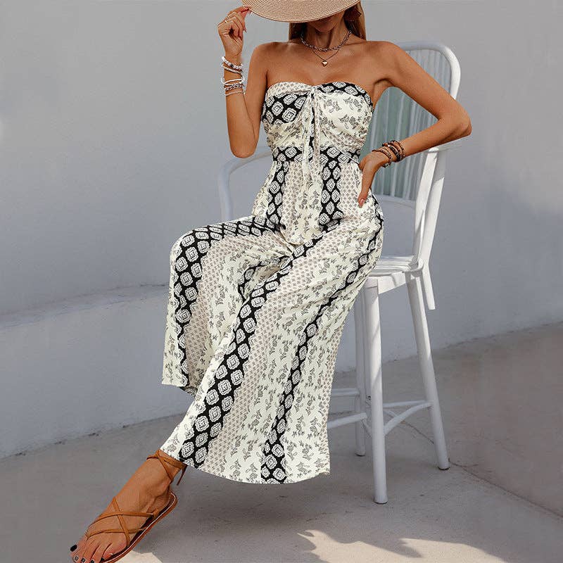 Strapless Smocked Romper Tube Top Flare Trousers Jumpsuit: Black / 100%Viscose / L