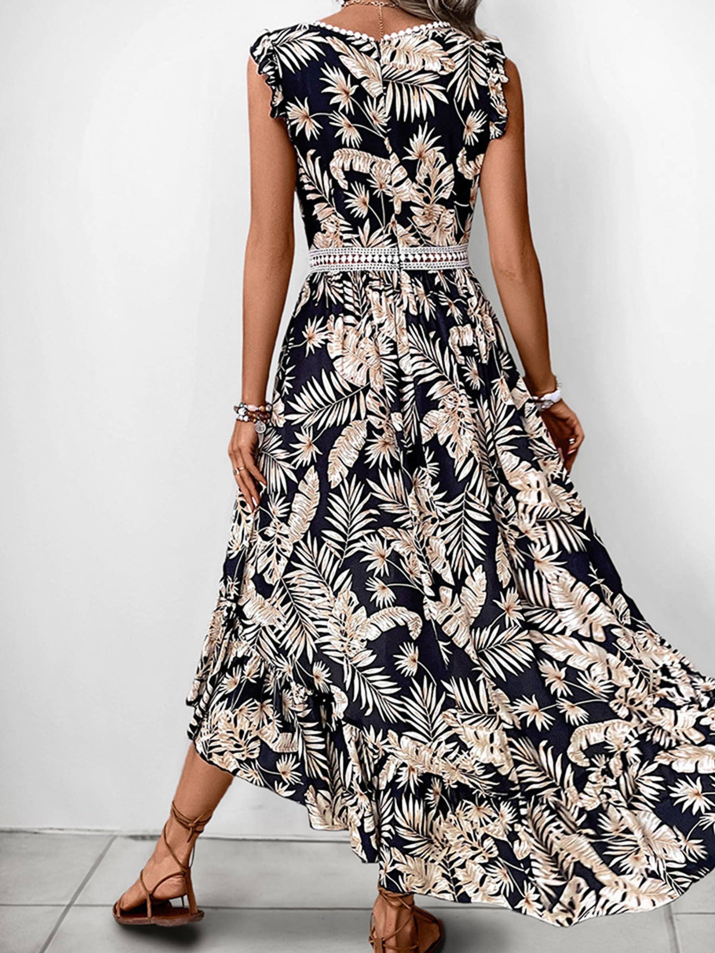 V-neck Printed Irregular Dress: Blue / L