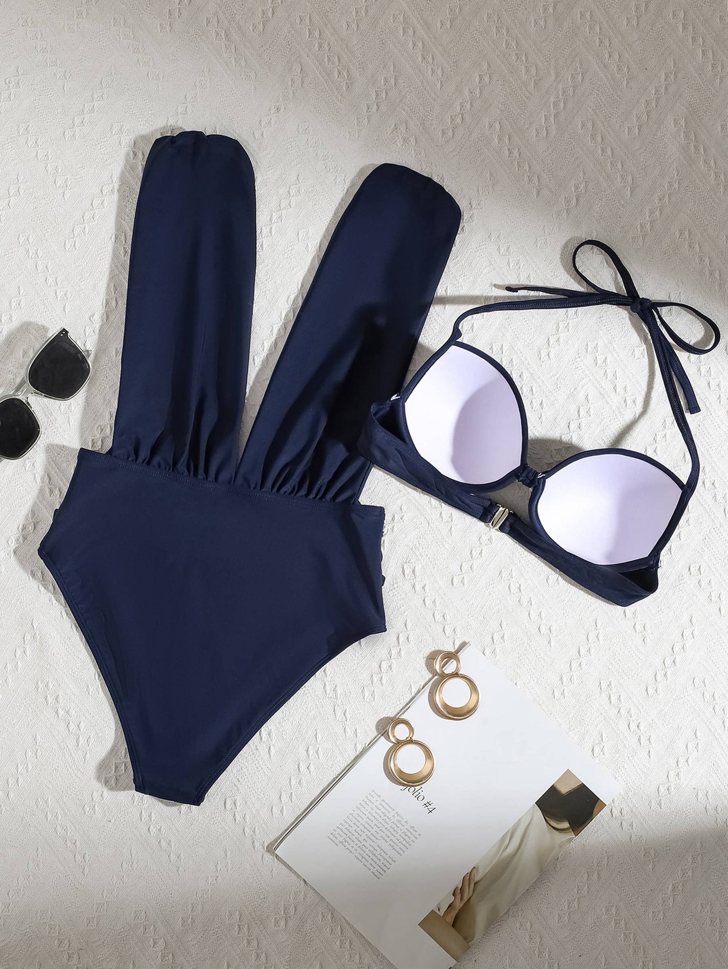 V-neck Solid Color Swimsuit: Blue / XL