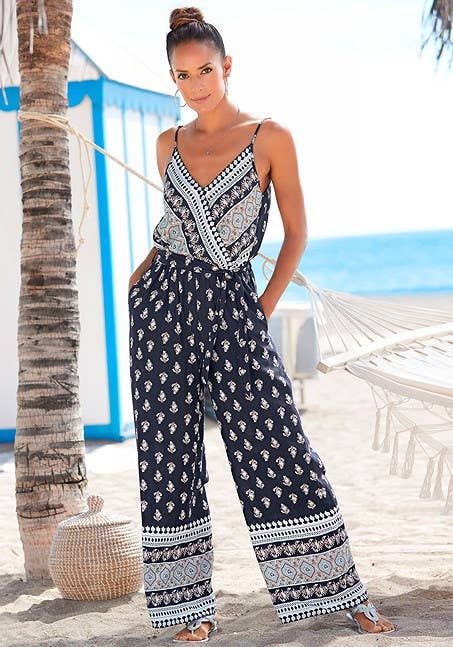 LASCANA Women's Patterned V-Neck Jumpsuit: Navy Printed / 4