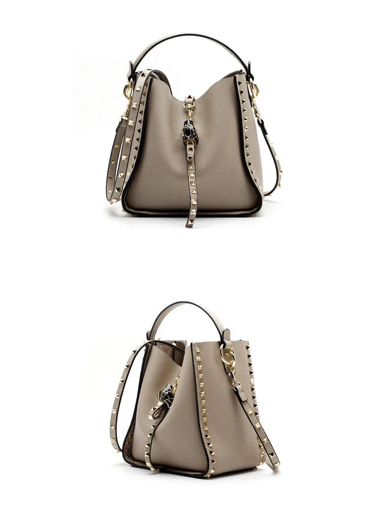 Senior Luxury Women's Single Shoulder Crossbody Bag Leather Lychee Rivet Fashion Senior Leisure Hot Bucket Bag Handbag