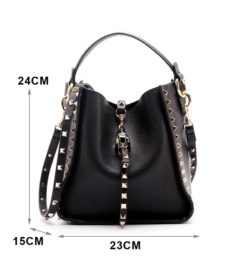 Senior Luxury Women's Single Shoulder Crossbody Bag Leather Lychee Rivet Fashion Senior Leisure Hot Bucket Bag Handbag