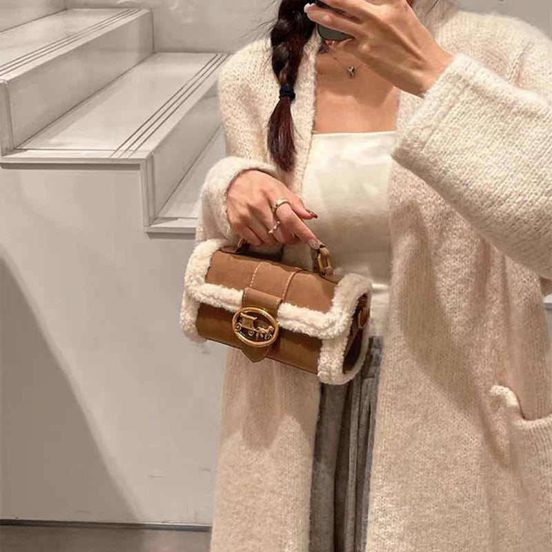 Luxury brand women's bag high-end designer 2024 new autumn and winter plush handbag single shoulder crossbody small square bag