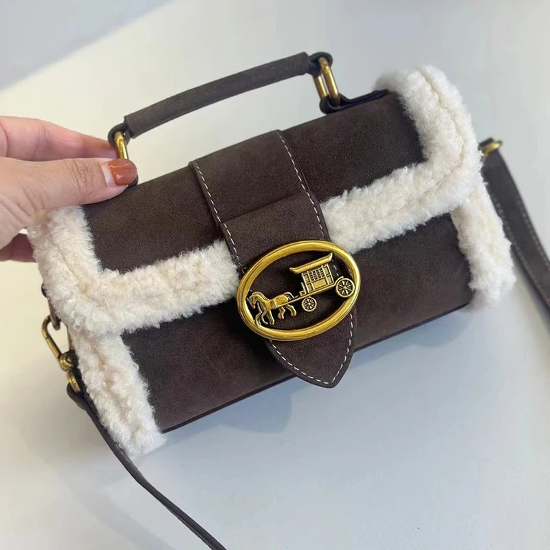 Luxury brand women's bag high-end designer 2024 new autumn and winter plush handbag single shoulder crossbody small square bag