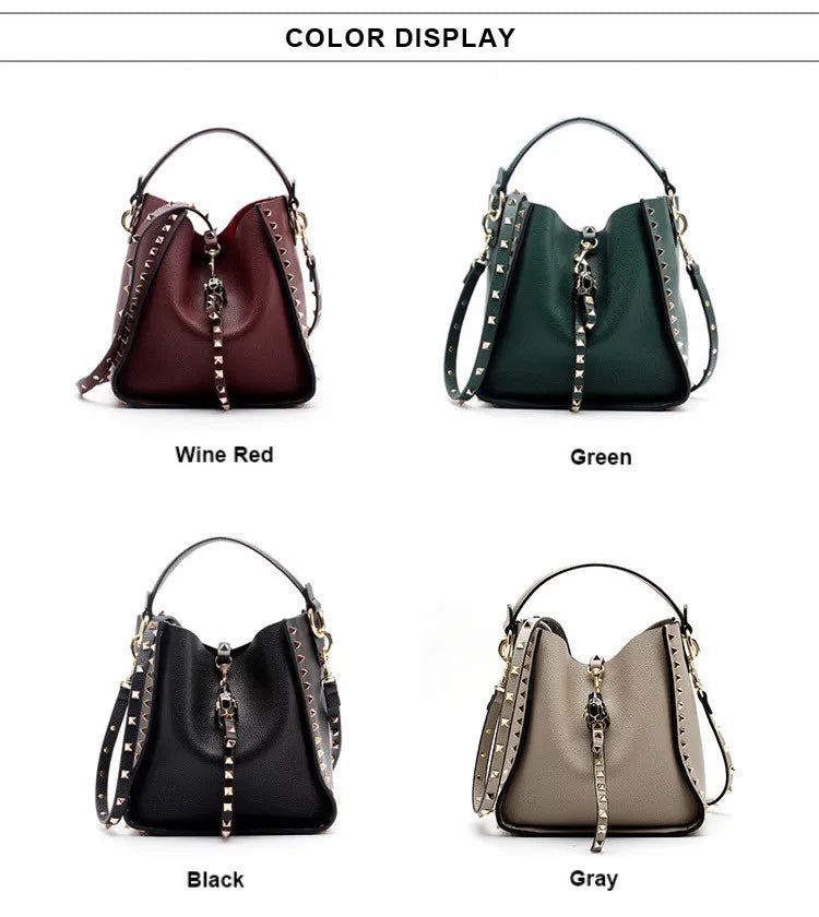 Senior Luxury Women's Single Shoulder Crossbody Bag Leather Lychee Rivet Fashion Senior Leisure Hot Bucket Bag Handbag