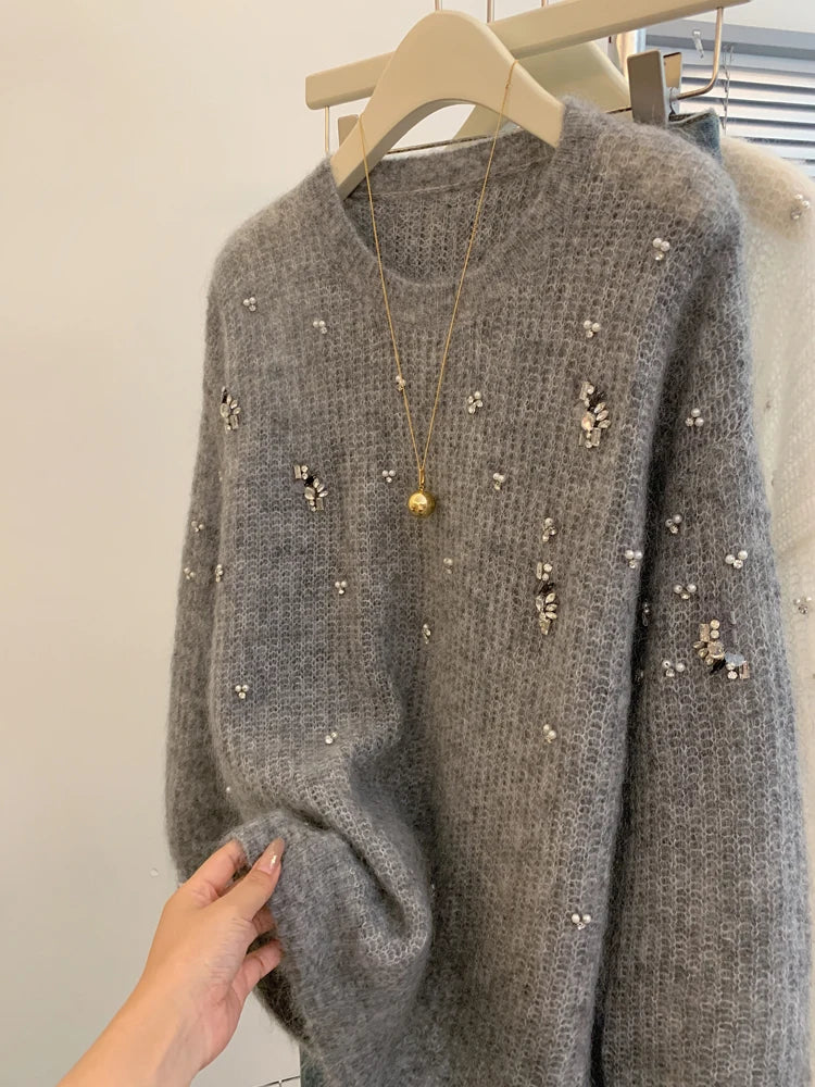 Fashion High Quality Autumn Winter Beading Diamonds Knitting Sweaters Jumper Lazy Women O Neck Long Sleeve Mohair Loose Pullover