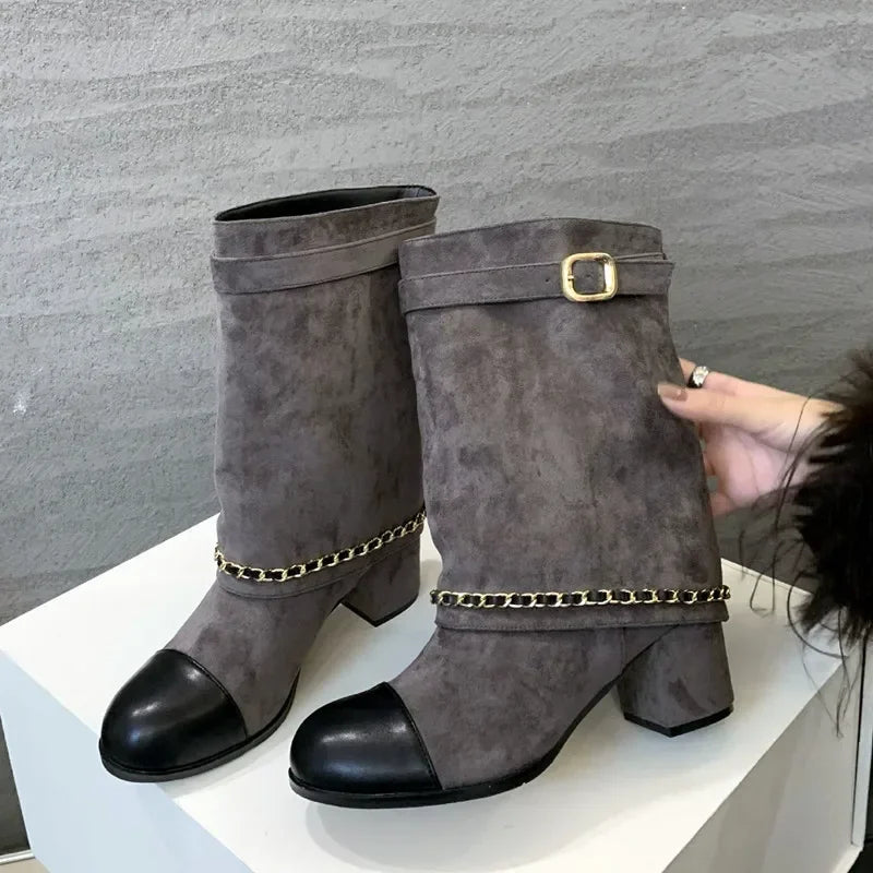 2025 Luxury Metal Chain Decorative Women's Boots Fashion Chunky Heel Suede Mid-calf Boots for Women High Heel Pantyhose Boots