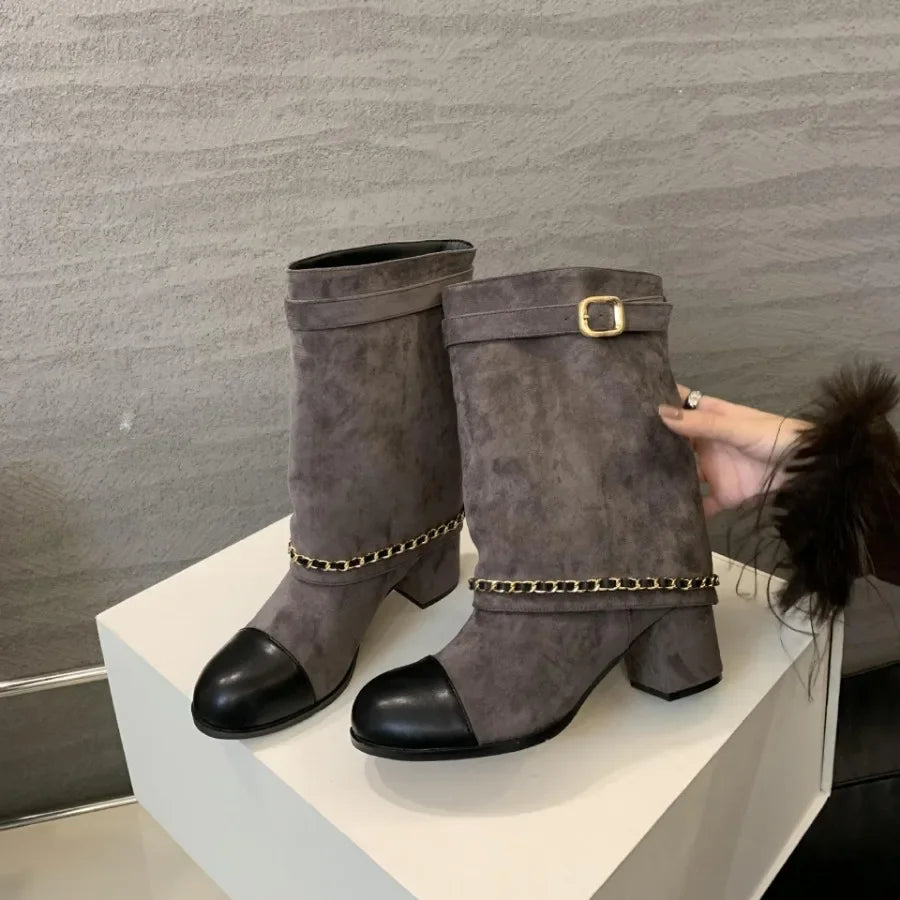 2025 Luxury Metal Chain Decorative Women's Boots Fashion Chunky Heel Suede Mid-calf Boots for Women High Heel Pantyhose Boots
