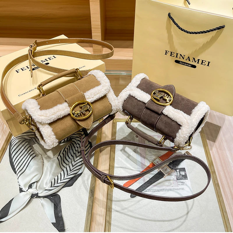 Luxury brand women's bag high-end designer 2024 new autumn and winter plush handbag single shoulder crossbody small square bag