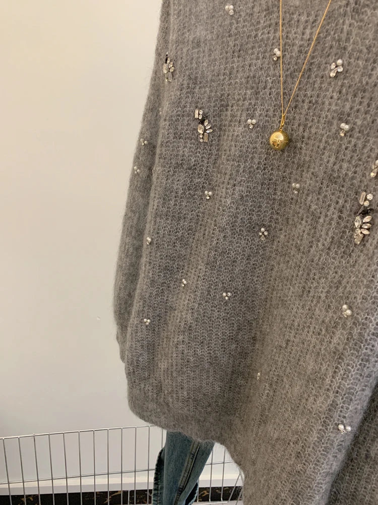 Fashion High Quality Autumn Winter Beading Diamonds Knitting Sweaters Jumper Lazy Women O Neck Long Sleeve Mohair Loose Pullover