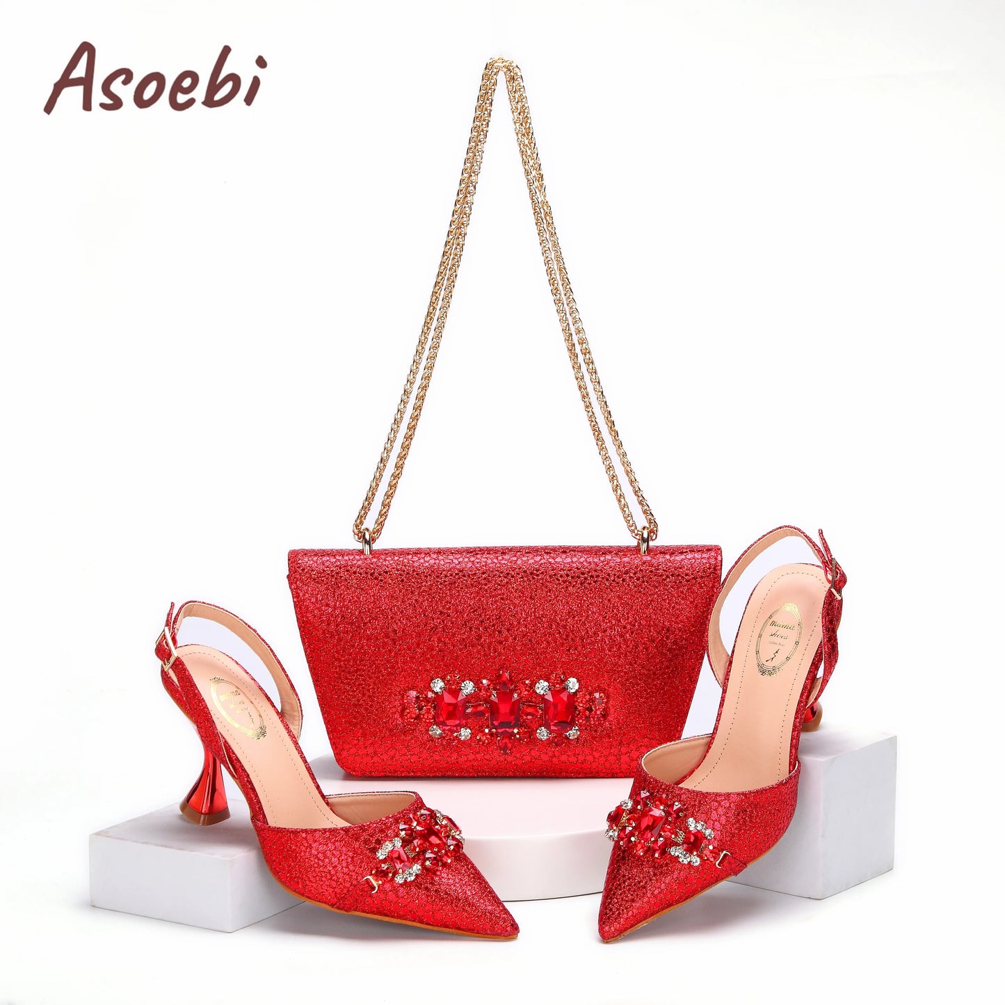 Pink Color Sandals for Women 2024 Luxury Wedding Pumps High Heels Rhinestone Design Party Shoes and Bags Set for Wedding Party