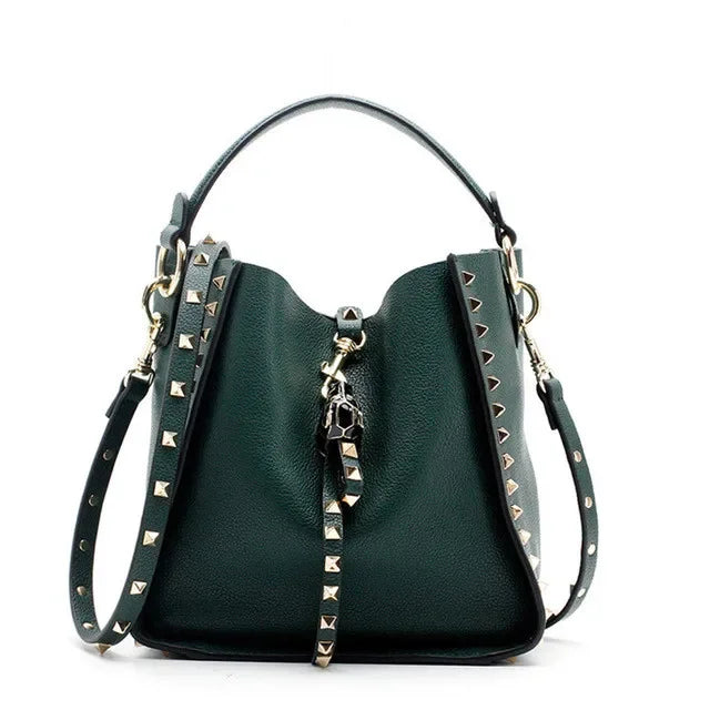 Senior Luxury Women's Single Shoulder Crossbody Bag Leather Lychee Rivet Fashion Senior Leisure Hot Bucket Bag Handbag