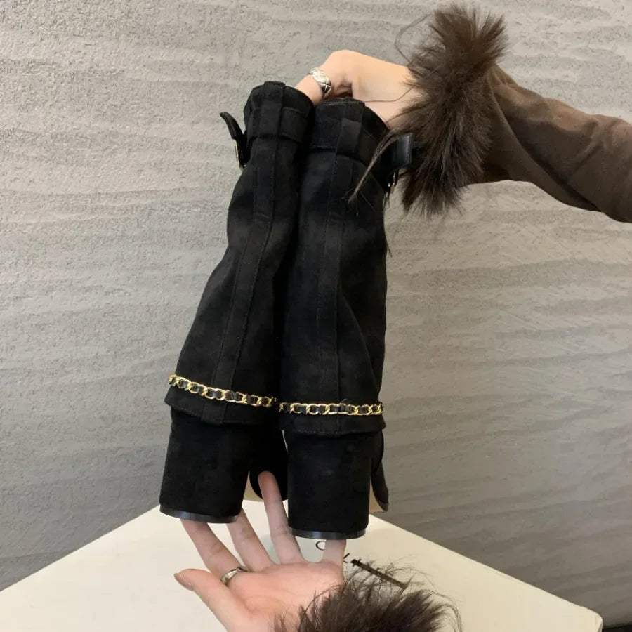 2025 Luxury Metal Chain Decorative Women's Boots Fashion Chunky Heel Suede Mid-calf Boots for Women High Heel Pantyhose Boots