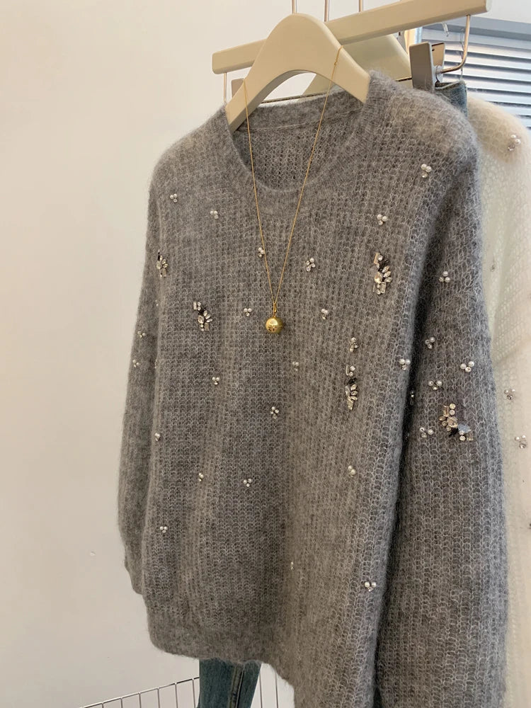 Fashion High Quality Autumn Winter Beading Diamonds Knitting Sweaters Jumper Lazy Women O Neck Long Sleeve Mohair Loose Pullover