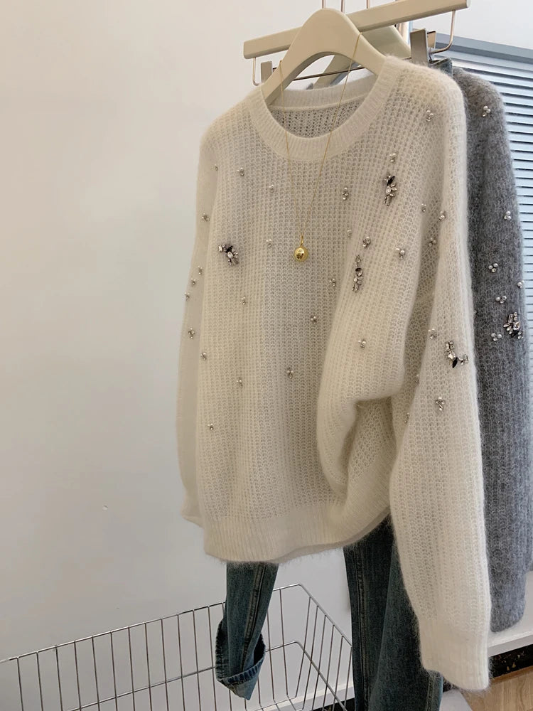 Fashion High Quality Autumn Winter Beading Diamonds Knitting Sweaters Jumper Lazy Women O Neck Long Sleeve Mohair Loose Pullover