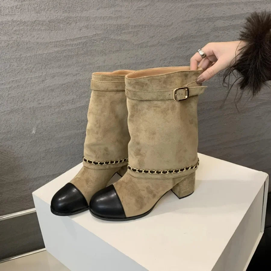 2025 Luxury Metal Chain Decorative Women's Boots Fashion Chunky Heel Suede Mid-calf Boots for Women High Heel Pantyhose Boots