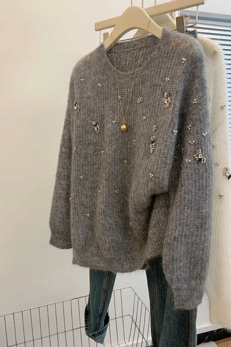 Fashion High Quality Autumn Winter Beading Diamonds Knitting Sweaters Jumper Lazy Women O Neck Long Sleeve Mohair Loose Pullover