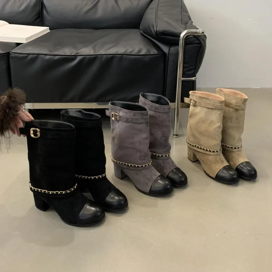 2025 Luxury Metal Chain Decorative Women's Boots Fashion Chunky Heel Suede Mid-calf Boots for Women High Heel Pantyhose Boots