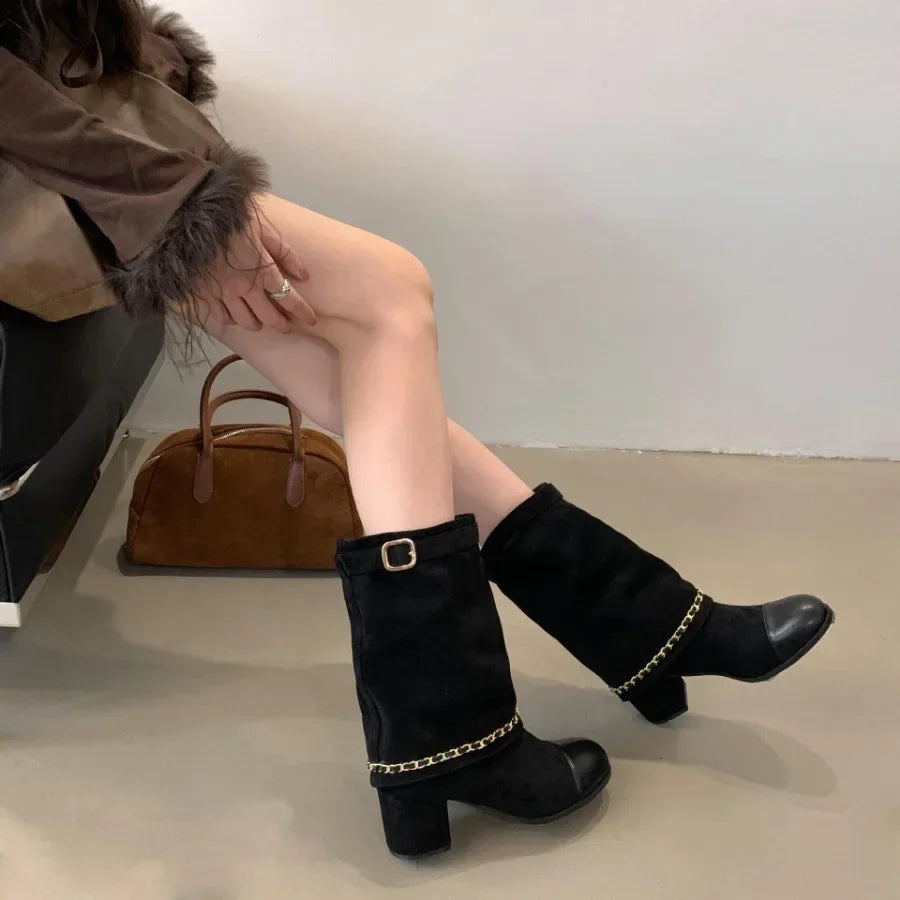 2025 Luxury Metal Chain Decorative Women's Boots Fashion Chunky Heel Suede Mid-calf Boots for Women High Heel Pantyhose Boots