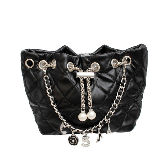 Mini Bucket Black Quilted Silver Camellia Luxe Bag: Black / Rhodium / 9 x 4 x 5.5 inches